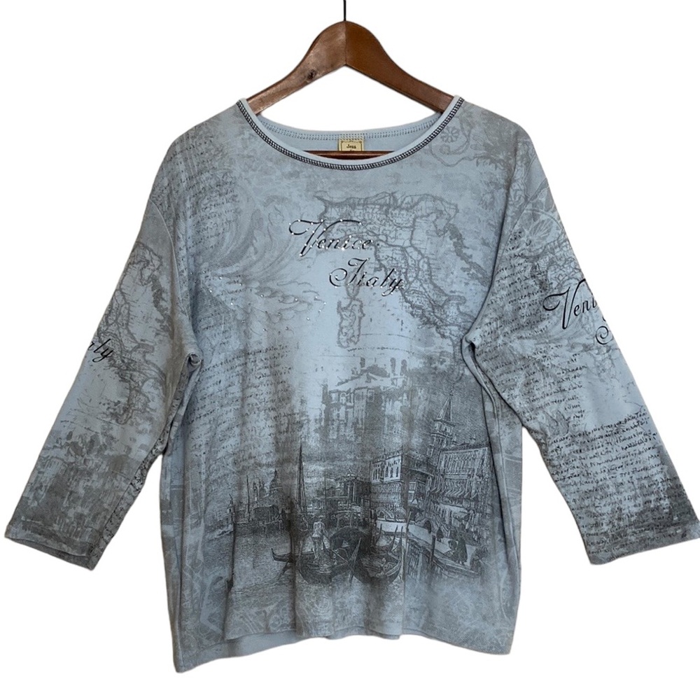 Jess & Jane Top Womens XL Blue Venice Italy Allover Print Long Sleeve Studs